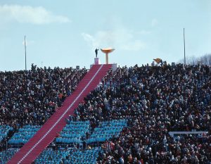 Sapporo 1972 Winter OG, Opening Ceremony - Hideki TAKADA, the last torch bearer, has just lit the Olympic cauldron.