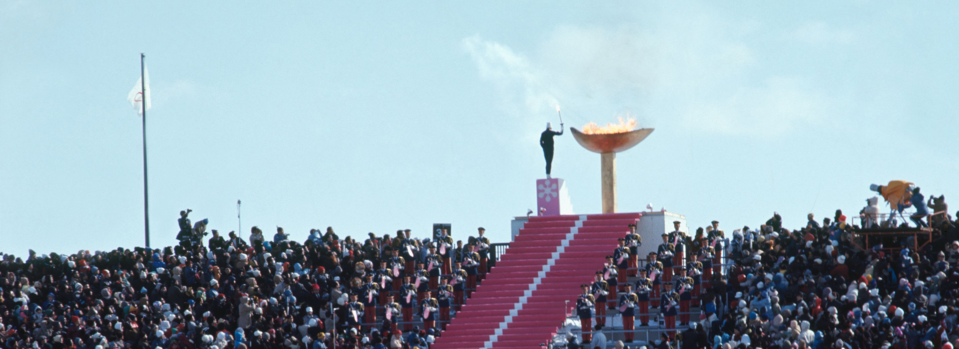 Sapporo 1972 Winter OG, Opening Ceremony - Hideki TAKADA, the last torch bearer, has just lit the Olympic cauldron.