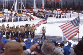 From the Lake Placid Olympic Museum’s Collection: Scott Hamilton leads Team USA into the 1980 Opening Ceremony.