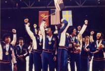 From the Lake Placid Olympic Museum Collection: The 1980 USA hockey team celebrates their gold medal win in their Levi's royal blue velour suits.